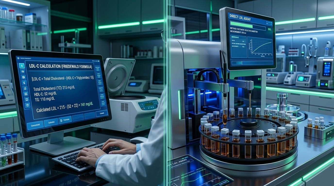 Confronto visivo tra calcolo matematico della formula Friedewald e dosaggio chimico diretto in laboratorio con analizzatore